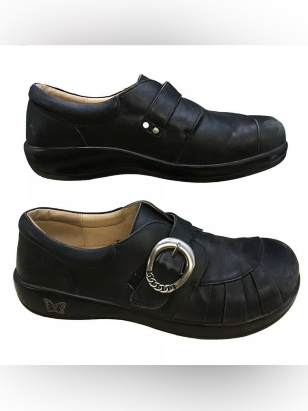 Alegria Black Leather Slip-On Clog with Buckle